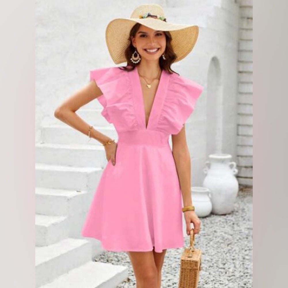 Barbiecore Pink Dress Cottagecore Sleeveless Ruffle Deep V Women’s Size Small